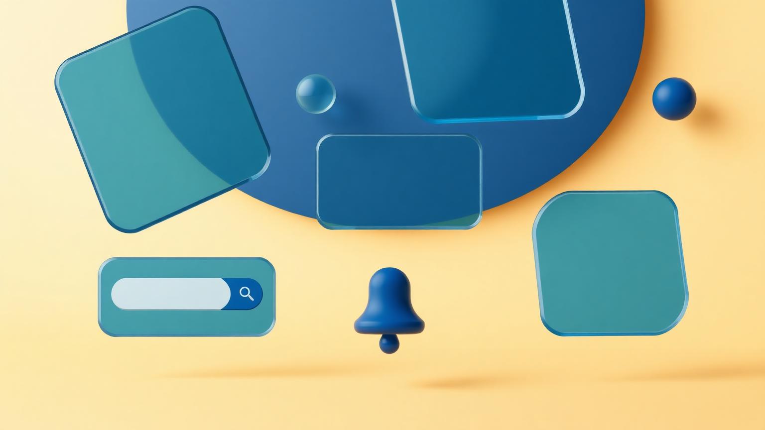 Soft cream and amber composition of floating UI elements: search bar, bell, cards