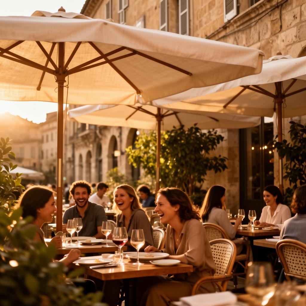 Sun-drenched restaurant terrace with parasols and guests at golden hour